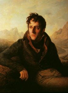 portrait de Chateaubriand sur fond de paysage montagneux