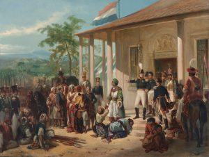 Un chef indigène se rend à une armée coloniale