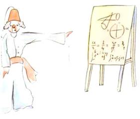 Un dessin d'un astronome turc, portant un costume turc traditionnel, qui montre du doigt à un chevalet. Le chevalet est jaune et montre les calculs astrophysiques.